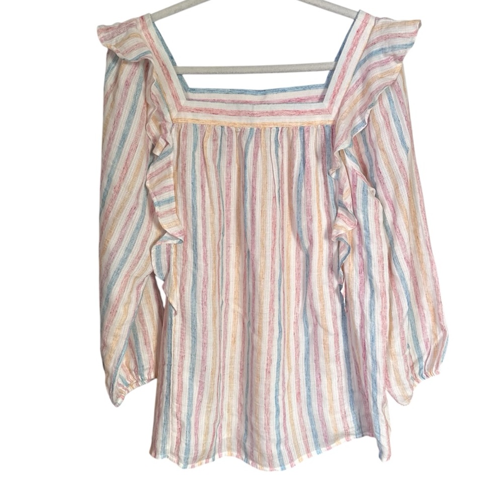 Chaps Women Sz L Blouse Striped Boho Square Neck Ruffle Peasant Shirt 3/4 Sleeve